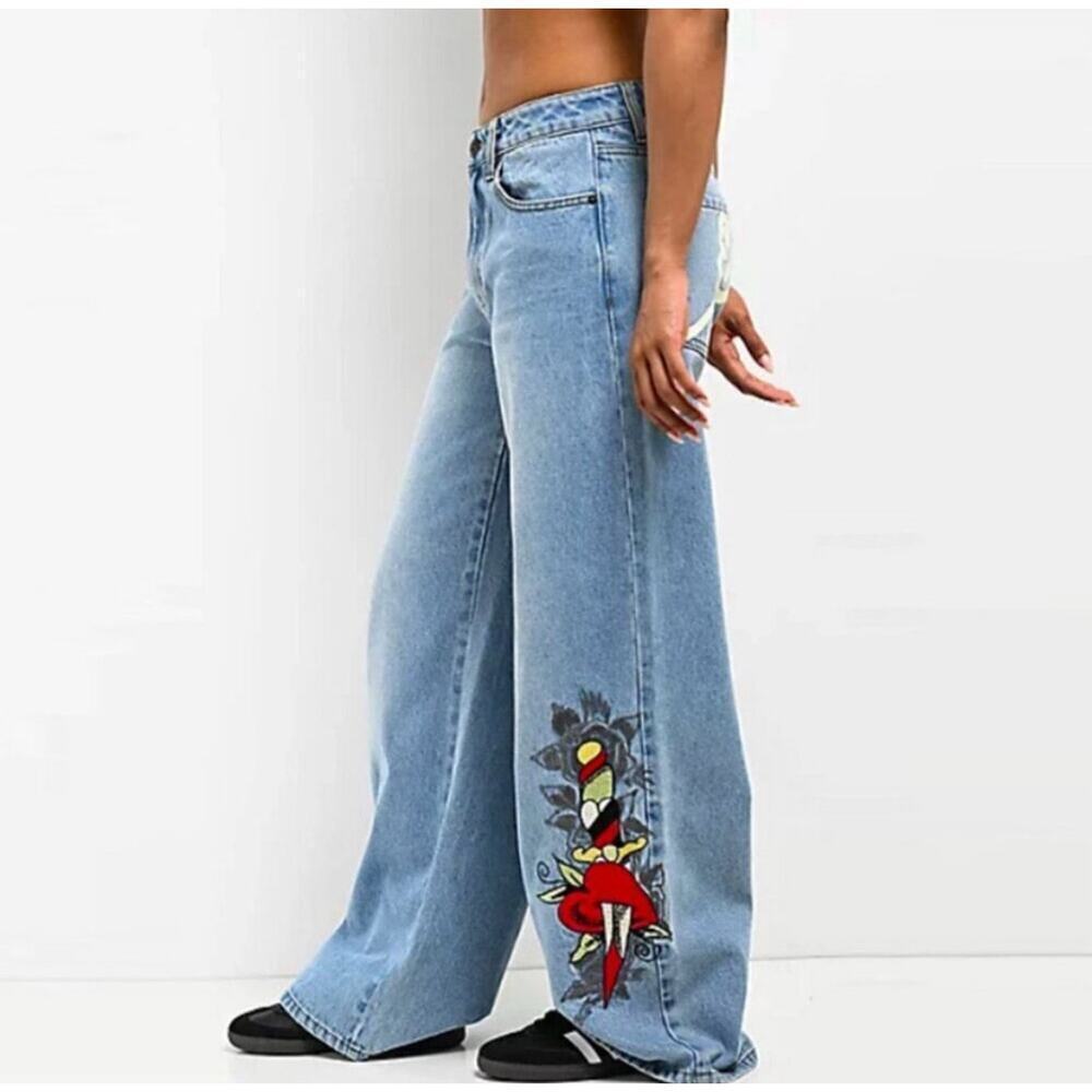 Ed Hardy Baggy Loose Fit Retro Light Jeans Dagger Hearts Embroidered Spellout 32 - Picture 2 of 13